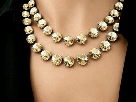 Double strand Golden Shadow rivoli crystal necklace in gold settings on model wearing black blouse