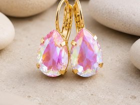 Pink Swarovski crystal earrings teardrop earring set in gold plating