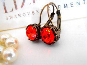 Hyacinth Orange Art Deco Crystal Earrings, Lever back Dangle Drop, Antique Bronze Jewelry, Filigree Prong Setting