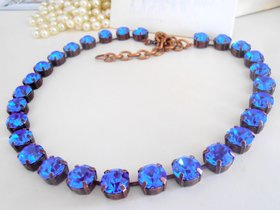 Sapphire Birthstone Crystal Collet Necklace, Georgian Blue Choker, Antique Copper Jewelry,Tennis SS45 Cup Chain, Women Gifts