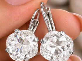 Vintage style Swarovski crystal drop earrings with 12mm clear cushion cut crystals in silver plated leverback settings.