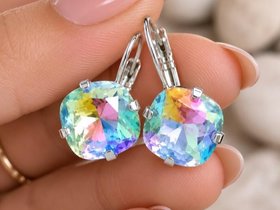 Silver plated leverback drop earrings with 12mm Swarovski rainbow cushion cut crystals.
