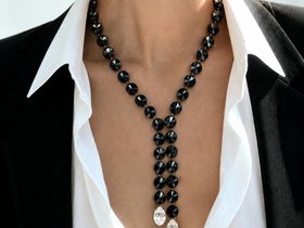Swarovski Jet black 12mm Rivoli Y necklace with two clear pear-shaped drops in silver-plated setting