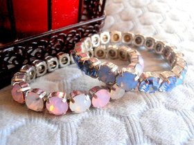 Opal Blue Stretch Cuff Bracelet, Rose Water Opal Crystal, Sew On Jewelry, Silver Round Setting