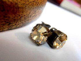 Golden Shadow Bronze Stud Earrings with Faceted Crystal Chatons Post Pierced Earrings 8mm Antique Dainty Jewelry Gifts