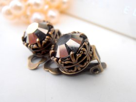 Metallic Brown Clip On Bronze Earrings / Crystal Studs / Non Pierced for girls / Antique Jewelry / Round Filigree 