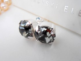 Black Diamond Crystal Stud Earrings 10mm, Gray Pierced Silver Post, Bridal Jewelry, Mom Birthday Gift