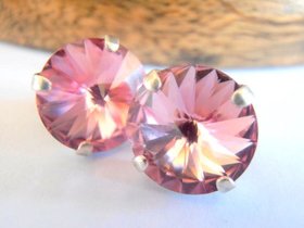 Light Rose Stud earrings made with Rivoli Crystals / Post earrings 12mm / Antique silver jewelry / Round setting / Birthday Gift