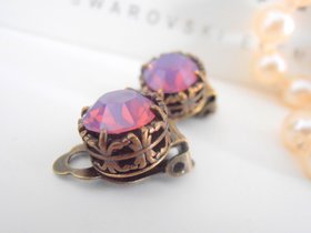 Cyclamen Opal Clip On Bronze Filigree Earrings / Non Pierced Art Deco Studs / Antique Jewelry / Birthday Gift