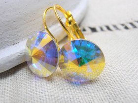 Aurora Borealis Rivoli Earrings 1122 / Crystal Dangle & Drop / Gold Jewelry / Special Birthday Gift / Fashion Accessories