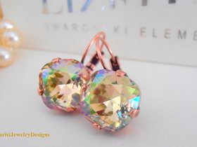 Luminous Green Square Crystal Earrings /  4470 Cushion Cut Earrings /  Leverback Drop Earrings / Dangle Earrings / Birthday Gift for her