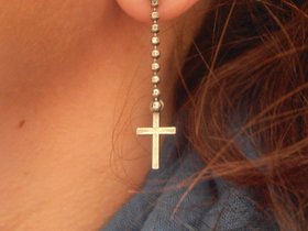 Turquoise Cross Religious Earrings / Long Pierced Dangle & Drop / Gothic Jewelry / Medieval / Birthday Gift