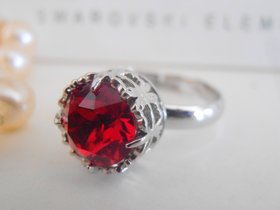 Ruby Red Crystal Ring, Crystal Stackable Ring, Art Deco Jewelry, Adjustable Platinum Plated Filigree Setting