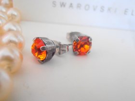 Fire Opal Stud earrings / Antique Jewelry / 6mm Crystal Chatons / Post Earring in Silver with Surgical Steel Pads / Girl Gift / 